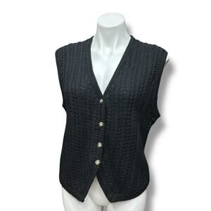 Vintage 80s Sweater Vest L Knit Button Front Black Grannycore Campcore Academia
